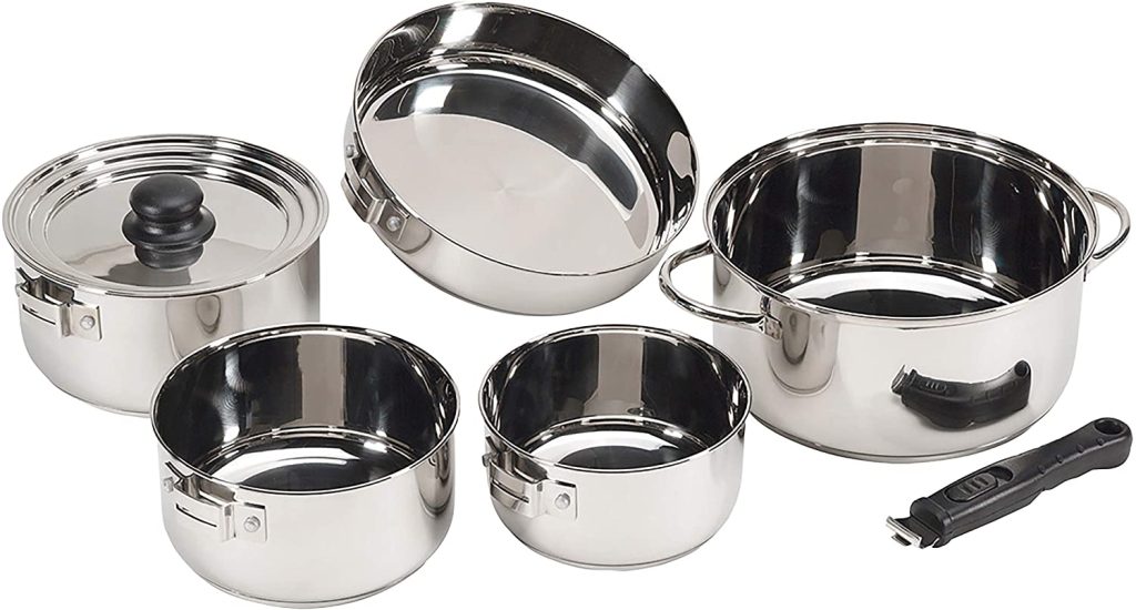 STANSPORT 7-Piece Stainless Steel Clad Cookware Set, best camping cookware set.