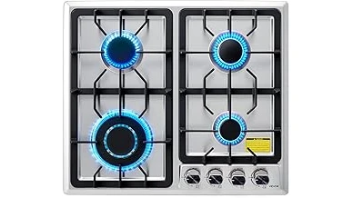 The image shows a clean kitchen with a modern gas cooktop, highlighting excellent cooktop brands.