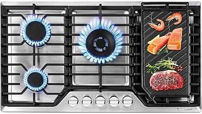The image shows a sleek stainless steel 6-burner gas cooktop, ideal for a modern kitchen.