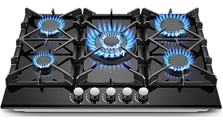 The image shows a modern kitchen with a sleek gas cooktop, highlighting a key feature from the Best 21 Cooktop Brands Gas.