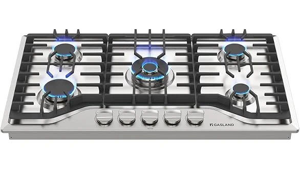 The image shows a sleek, modern gas cooktop with six powerful burners, perfect for any kitchen.