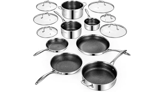 The image shows a collection of shiny, high-quality nonstick cookware, perfect for any kitchen.
