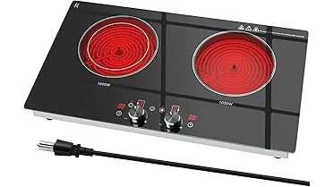 The image shows a compact portable cooktop ideal for outdoor cooking adventures.