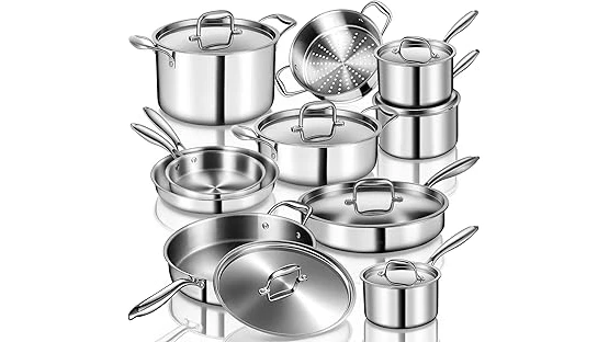 This image shows a gleaming collection of stainless steel pots and pans, highlighting the best cookware sets.