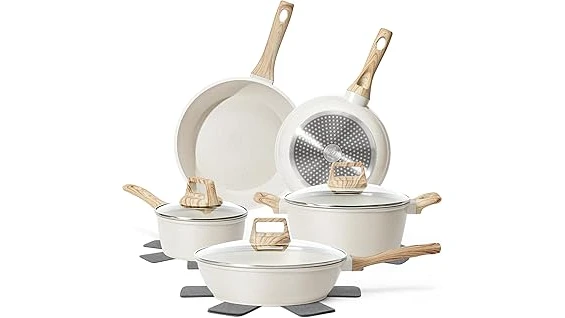 The image shows a curated selection of cast iron cookware, ideal for induction cooking.