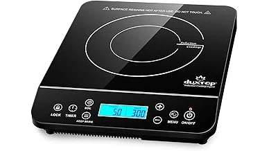 The image shows a sleek, portable induction cooktop from Australia, ideal for cooking on the go.