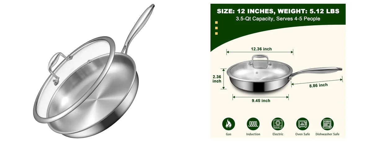 EWFEN 12 Inch Tri-Ply Stainless Steel Frying images