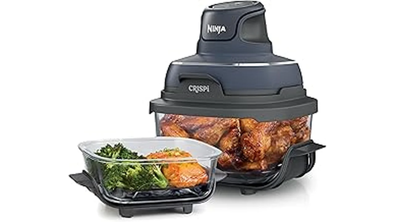 The image shows a countertop kitchen appliance with multiple functions, resembling a Ninja cooker.