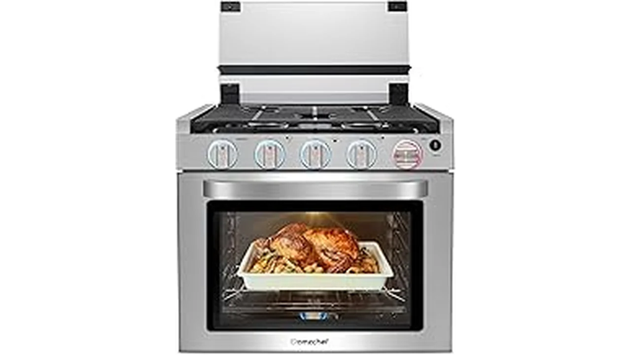 The image shows a modern kitchen featuring a high-quality 16-oven gas range.