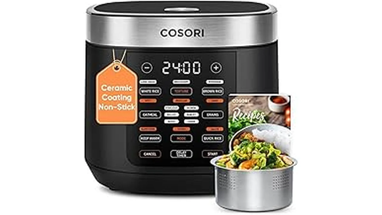 The image shows a modern kitchen appliance used to cook various grains.