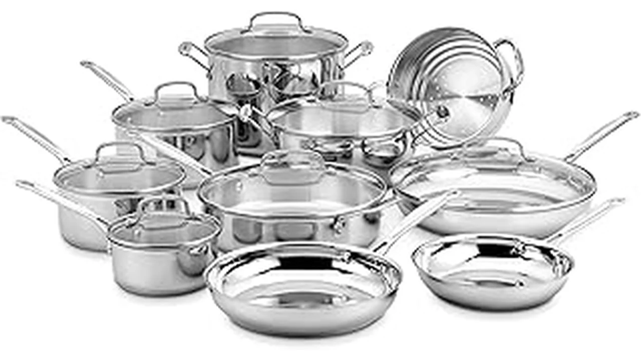 The image shows a collection of shiny 18/0 stainless steel cookware pieces.
