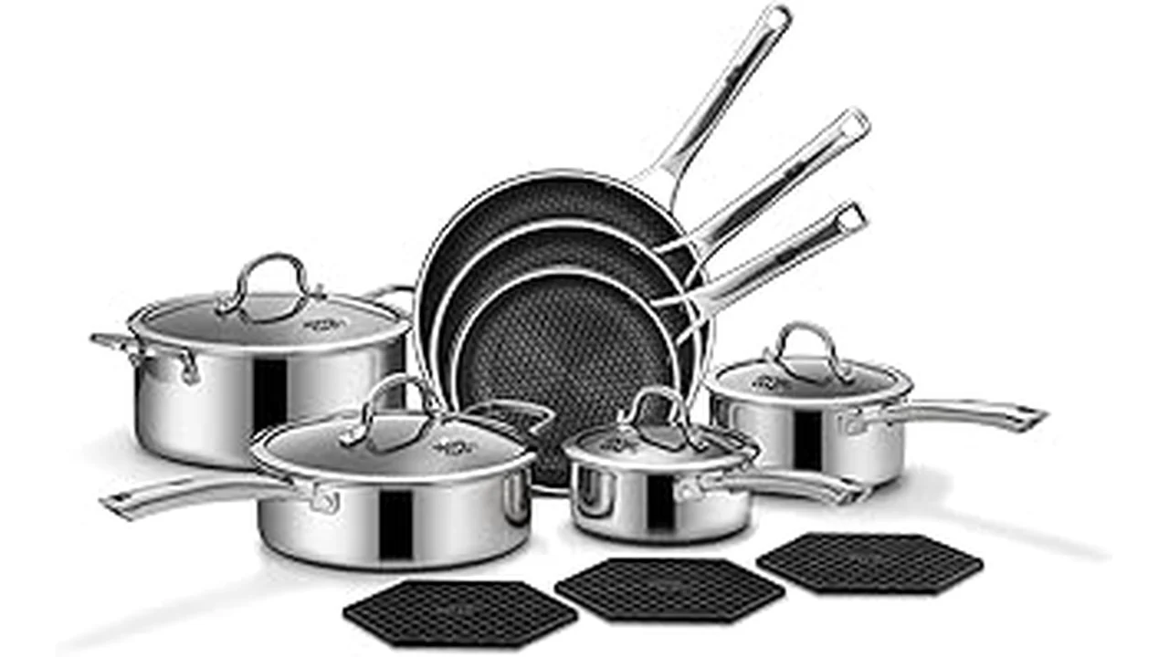 The image shows a collection of premium, nonstick cookware sets, highlighting alternatives to Hexclad.