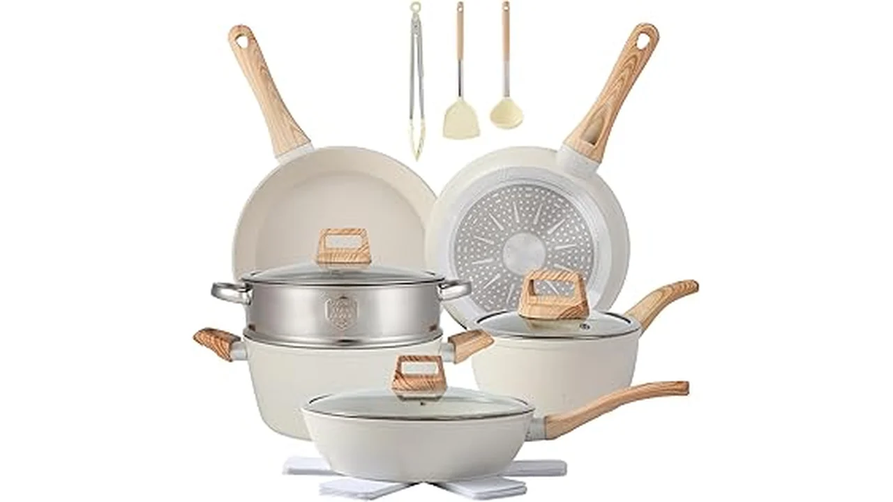 The image shows a collection of shiny pots and pans, highlighting the Best 31 Cookware Prices.