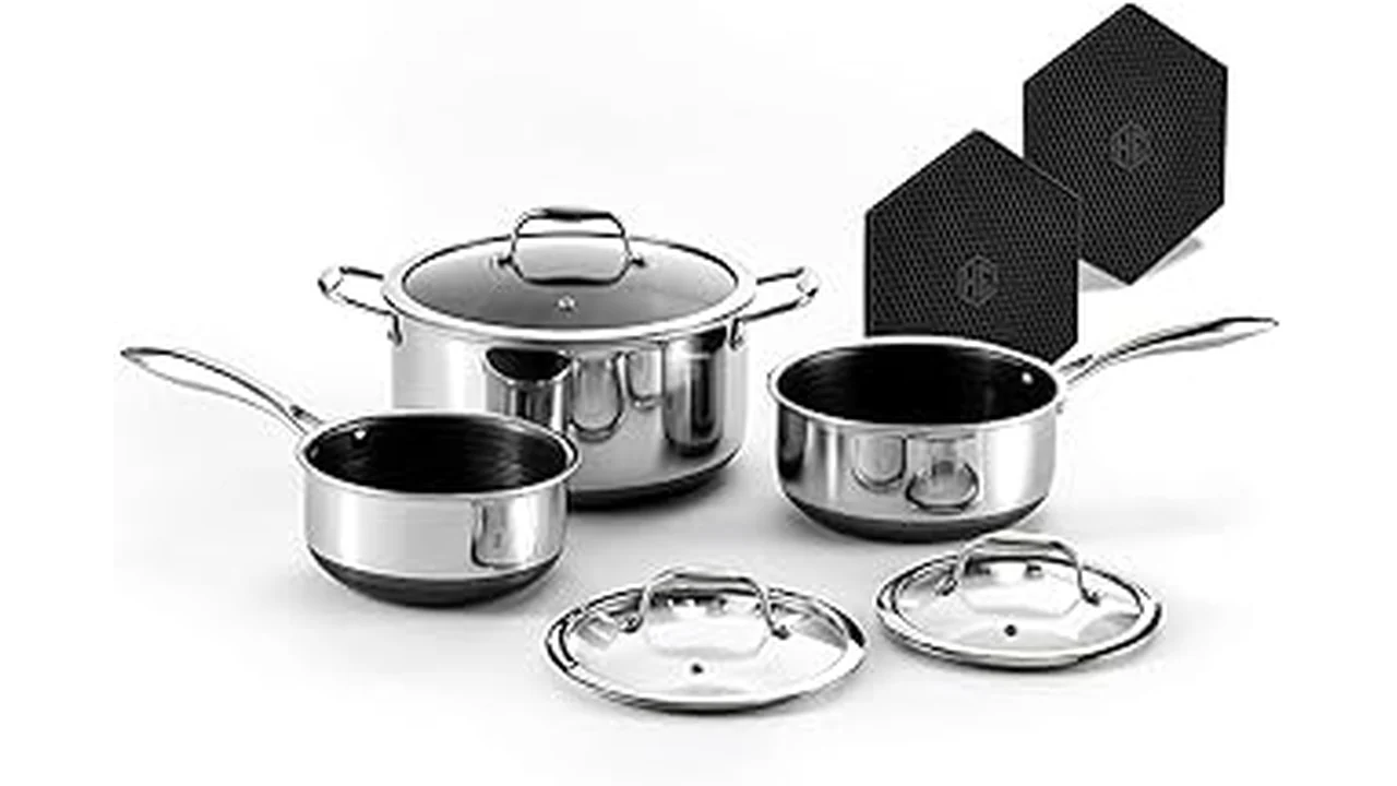 The image shows a sleek set of high-quality cookware, comparable to top-rated Hexclad, featured in Best 31 Cookware Reviews 2026.