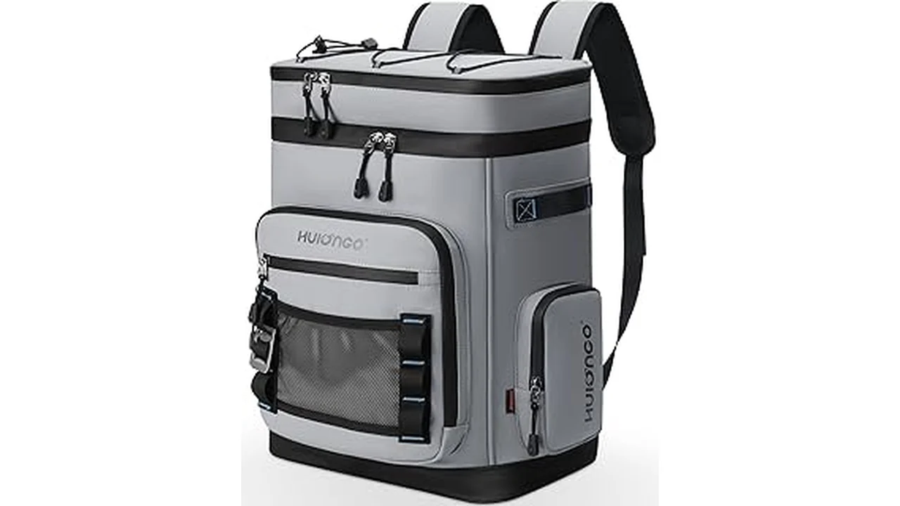 The image shows a person carrying a stylish cooler backpack for a beach outing.