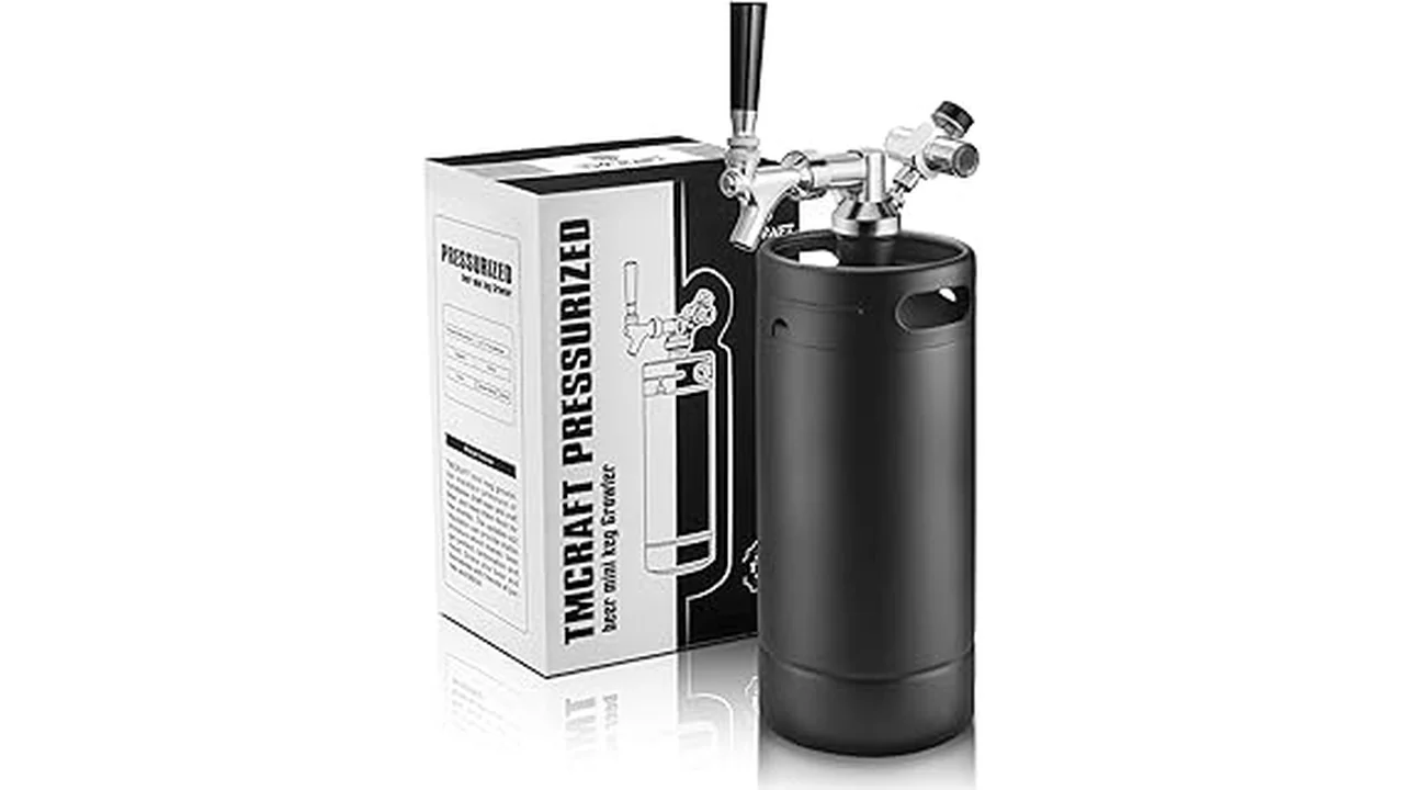 The image shows a sleek, compact home brew keg system ready for dispensing refreshing craft beverages.