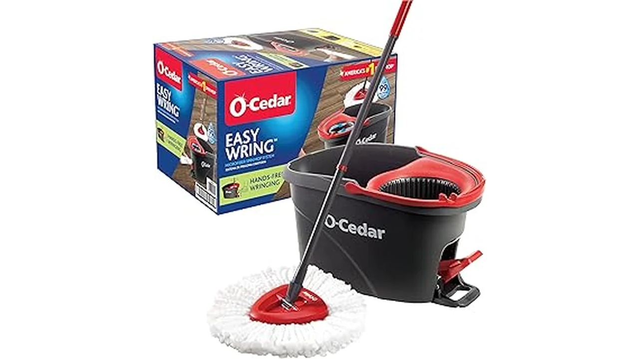 This image shows a sparkling clean kitchen floor with various cleaning supplies, highlighting effective floor cleaners.
