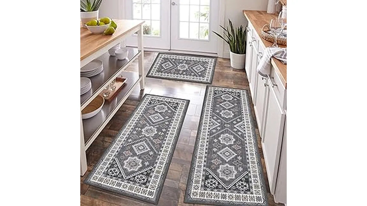 The image shows a collection of stylish kitchen rugs, part of the best 31 kitchen rugs featured.