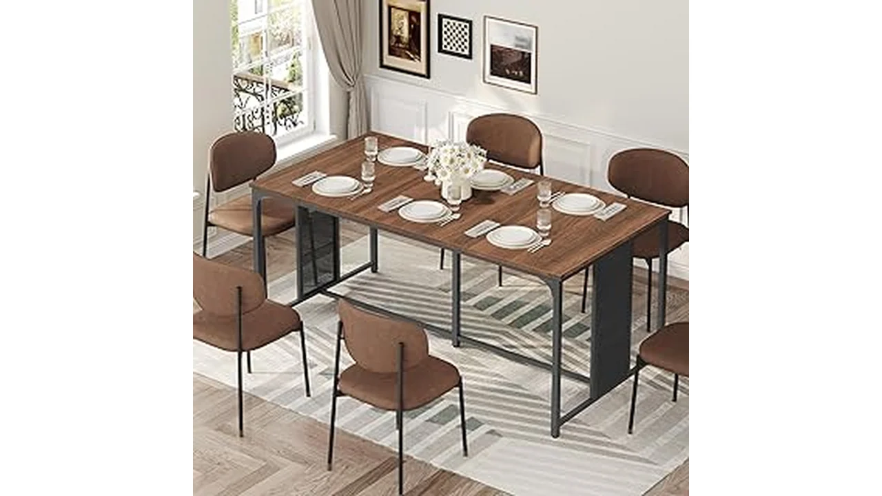 The image shows a stylish modern kitchen table with seating, perfect for a cozy dining nook.