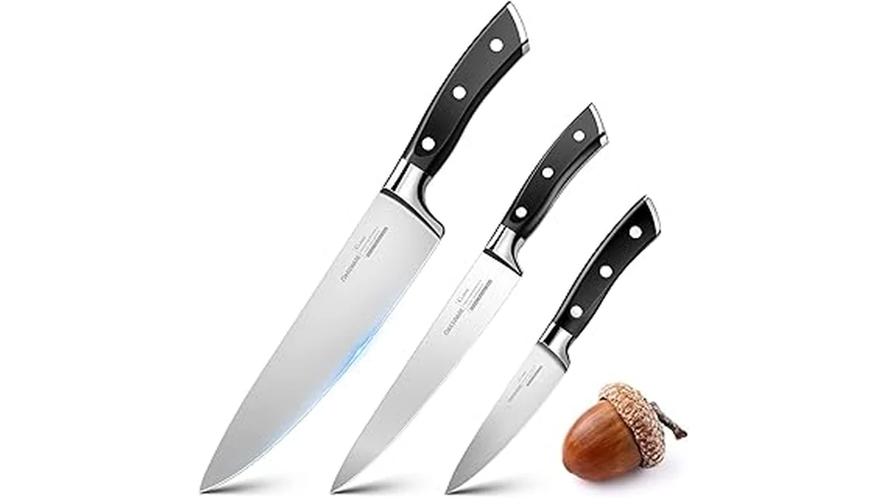 The image shows a selection of sharp kitchen utility knives perfect for various food prep tasks.