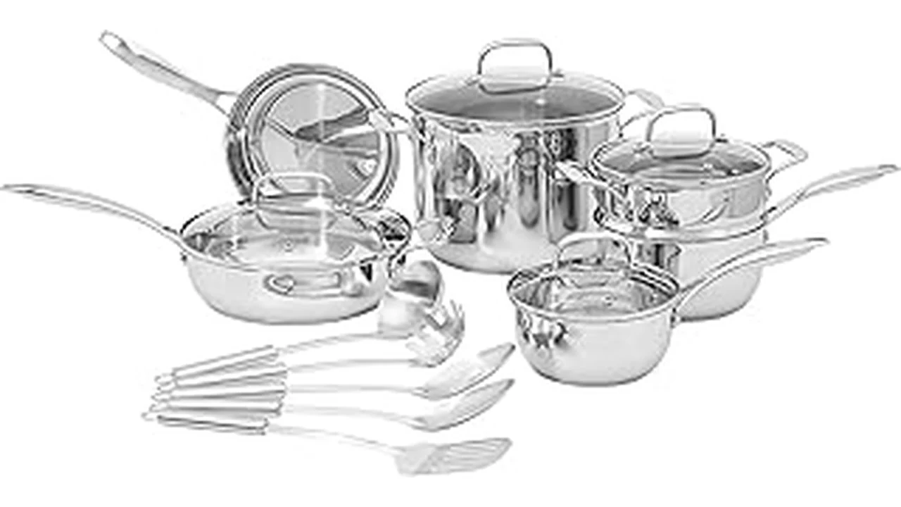 The image shows a collection of high-quality stainless steel pots and pans, ideal for the best 31 stainless steel cookware options available.