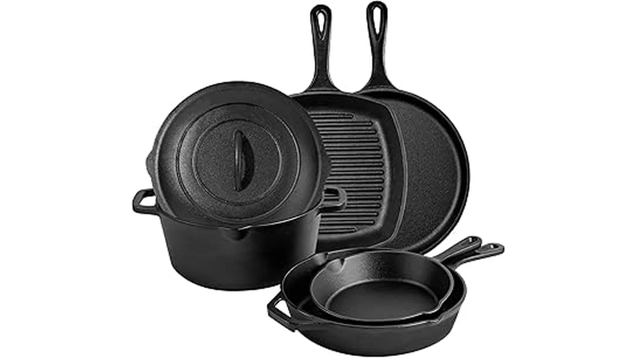The image shows a collection of popular cast iron cookware, perfect for a chef's kitchen.