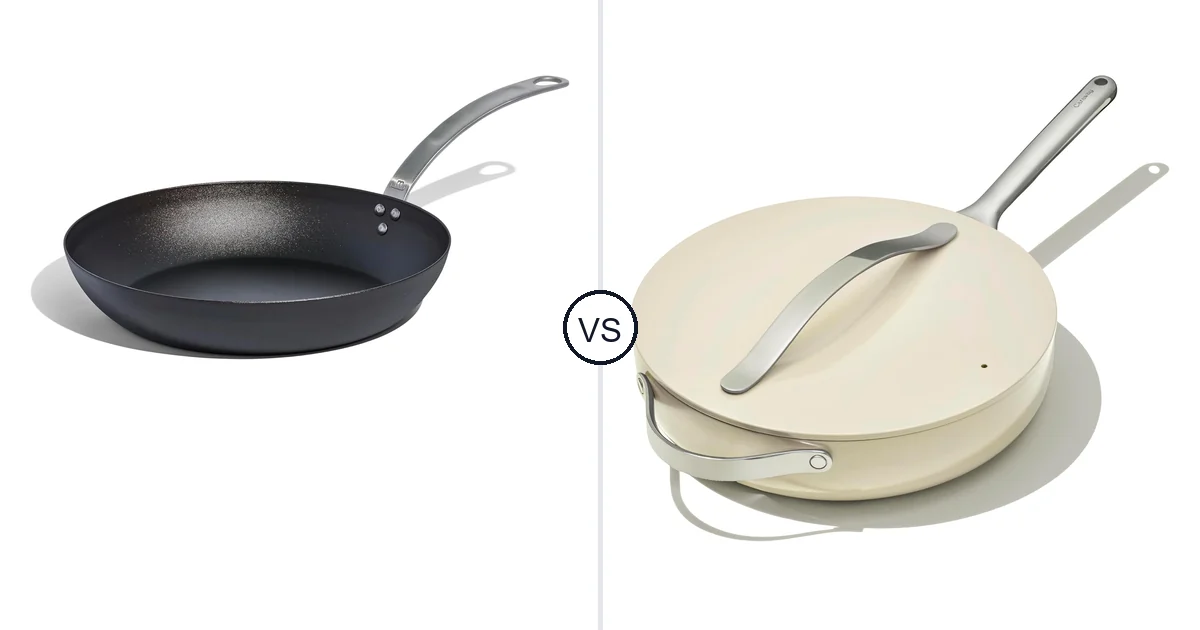 Comparison of Made In Cookware - Seasoned 12" Carbon Steel and Caraway Nonstick Ceramic Sauté Pan