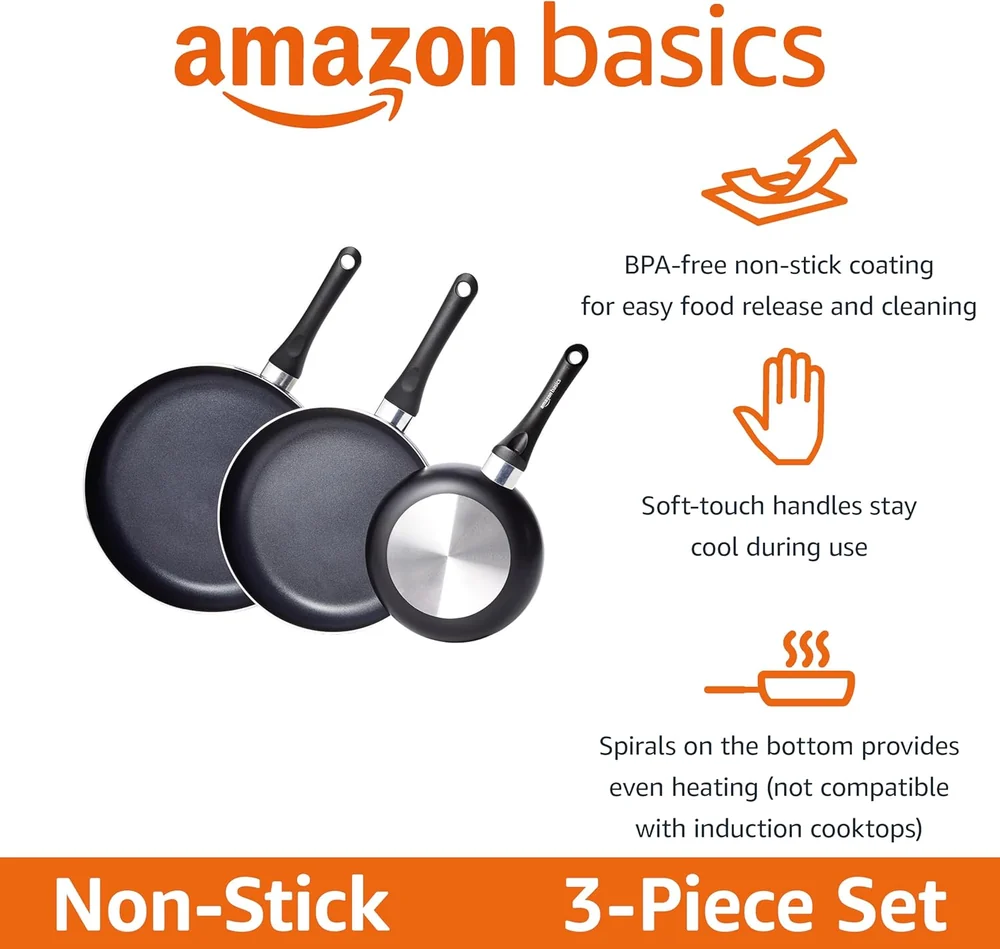 Amazon Basics 3 Piece Set, Frying Pans